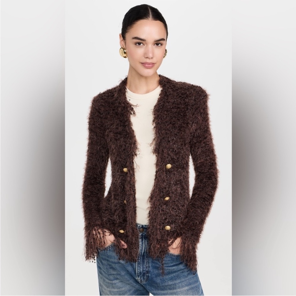 L'AGENCE Chocolate Brown Fuzzy Jacket with Gold Logo Tag - Picture 3 of 6